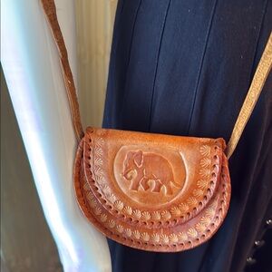 Elephant Embossed Tan Leather Crossbody Bag